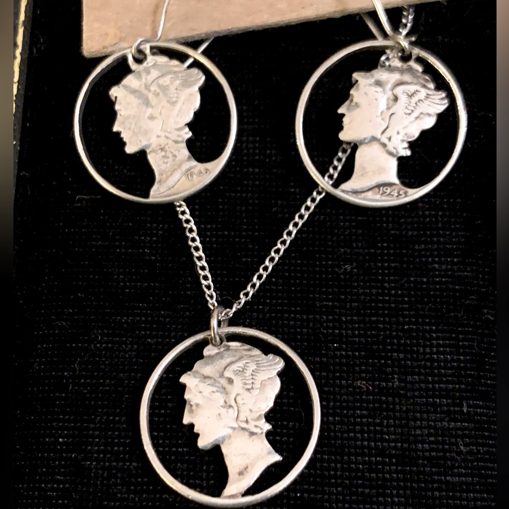 Sterling Silver 1945 Dimes handmade earrings and matching necklace
